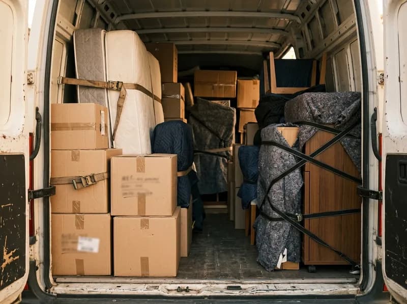 Portas da carrinha abertas, carregada de caixas e móveis embalados
