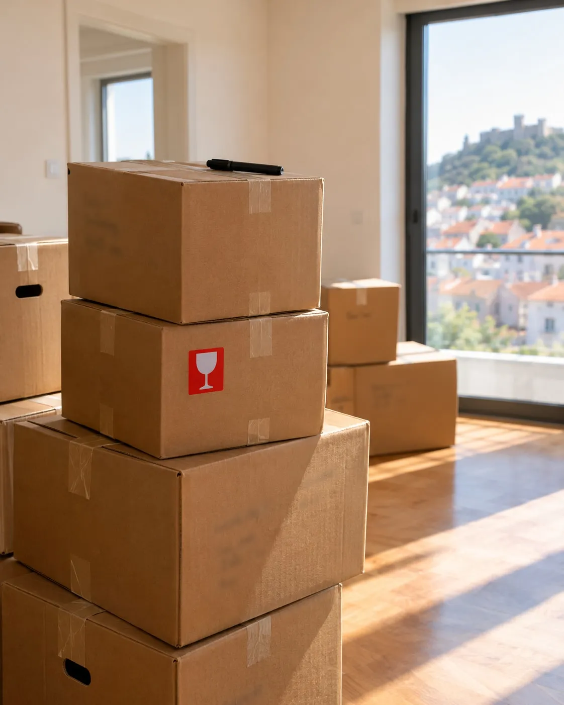 Pilha de caixas de cartão fechadas com fita e etiquetadas a marcador